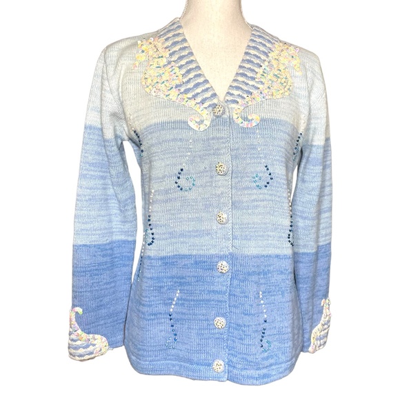 Storybook Knits Sparkling Seahorses Cardigan XS Sweater Sequin Beaded Crochet - Picture 2 of 14
